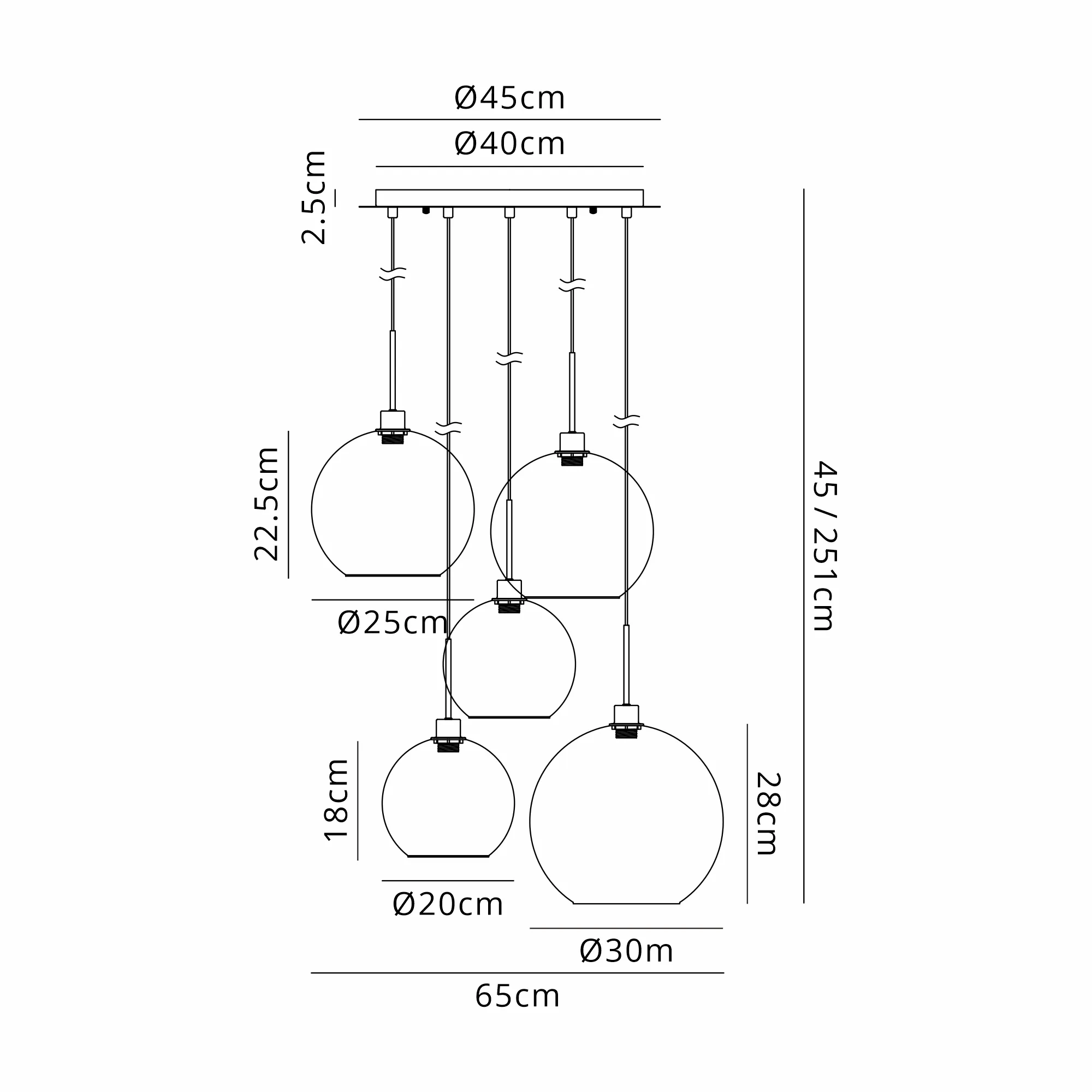 DK1202  Lori 45cm Round Pendant, 5 Light Adjustable E27, Antique Gold/Gold Fade/Clear Globe Shades